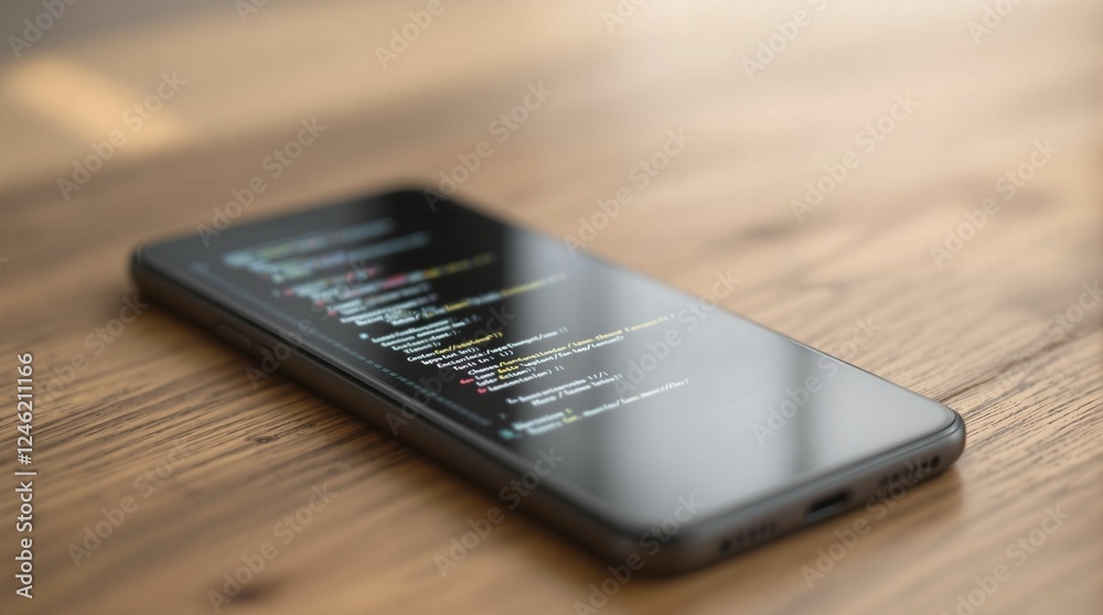 Aufkleber a smartphone placed on a wooden table, with a blurred background suggesting a shallow depth of field