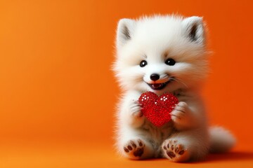 Obraz premium Arctic fox - my desired animal. Digital ads creative. Cute arctic fox baby with sparkling rhinestones red heart - sign of love, funny greeting card. Marketing visual idea. Love in nature.