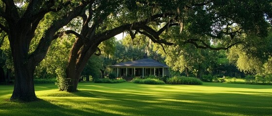 Obraz premium Picturesque house nestled among lush greenery and majestic oak trees on a sunny day.
