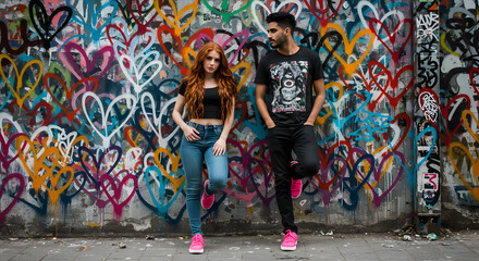 Couple wearing matching sneakers, leaning on each other against a graffiti wall full of hearts1