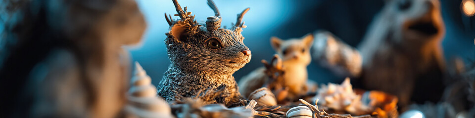 Detailed Figurine of Antlered Creature among Seashells and Other Figurines
