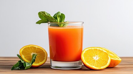 Fototapeta premium A vibrant glass of orange juice placed on a wooden table, with fresh oranges sliced beside it, white isolated background