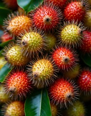 Fototapeta premium A Cluster of Colorful Rambutans Displaying its Unique Spiky Exterior