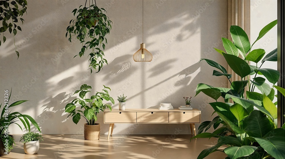 Aufkleber a room with a wooden floor, a white wall, and a wooden table with various objects on it. hanging fro