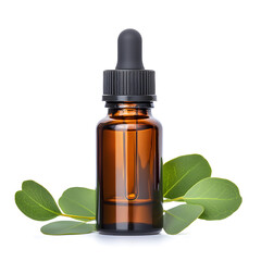 Eucalyptus oil extract glass bottle mock up flat lay with eucalyptus branches isolated on white
