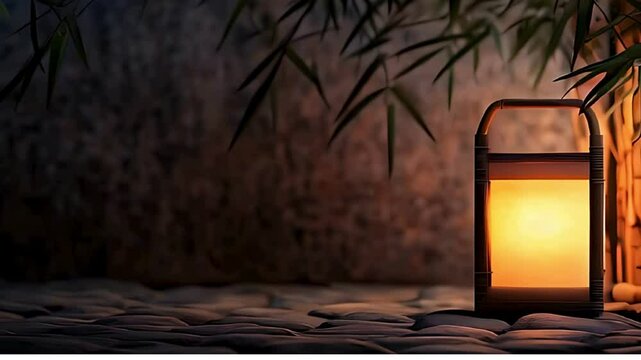 lantern light under the bambus tree leaves; simple asian style background with copy space