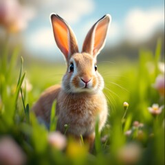 Fototapeta premium Adorable Bunny Among Bright Spring Flowers in a Vibrant Meadow Setting