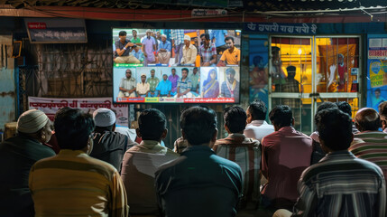Naklejka premium big crowd of people watching cricket on big TV screen in indian tea stall
