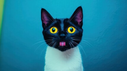 Fototapeta premium Playful black and white cat with bright eyes on blue backdrop