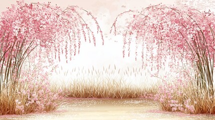 Pink blossom archway, spring meadow, soft light, dreamy backdrop, wedding