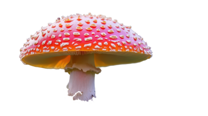 Isolated vibrant Amanita muscaria, fairytale mushroom, stands alone. Close-up view against a clean, bright white background, detailed, nature focused.