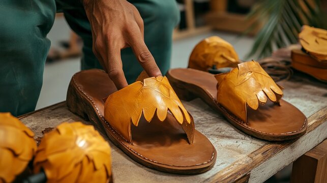 Artisan shoemaker crafting unique leather sandals in workshop handmade footwear creative environment close-up view - Powered by Adobe