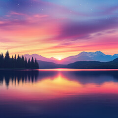 Fototapeta premium A colorful sunset over a calm lake with mountains and pine trees in the distance