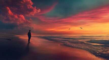 A serene beach scene at sunset, reflecting off the calm waves of the ocean. A lone figure stands silhouetted in the foreground, creating a peaceful and introspective mood.