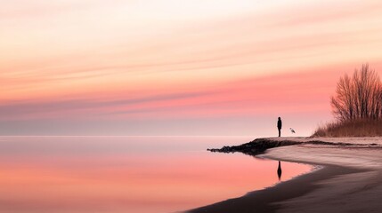 A serene beach scene at sunset, reflecting off the calm waves of the ocean. A lone figure stands silhouetted in the foreground, creating a peaceful and introspective mood.