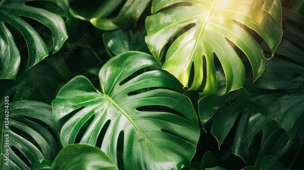 Poster sunlight filters through a canopy of rich green monstera leaves, creating a serene atmosphere in a l