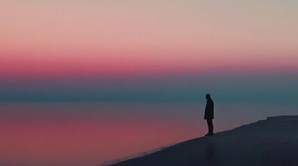 A serene beach scene at sunset, reflecting off the calm waves of the ocean. A lone figure stands silhouetted in the foreground, creating a peaceful and introspective mood.