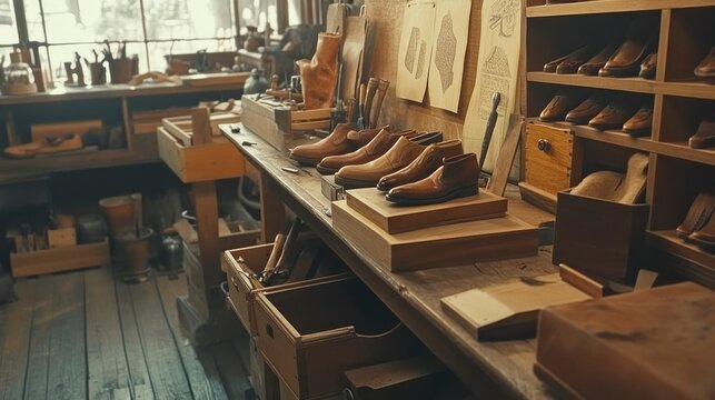 Vintage shoemakers workshop leather materials craftsmanship rustic environment interior view artisan culture - Powered by Adobe