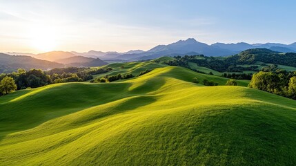 Obraz premium Abstract Layers of Soft Green Earth with Rolling Hills Under a Bright Sky at Sunrise in the Mountains