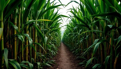 Obraz premium A verdant pathway cuts through a dense and thriving cornfield landscape