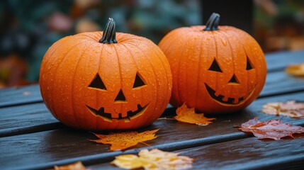 halloween pumpkins on wooden background with autumn leaves