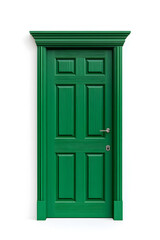 Classic molded framed entry wooden green door, isolated on white background