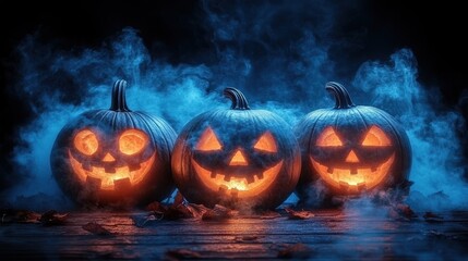 Fototapeta premium halloween pumpkins on wooden background with fog and copyspace