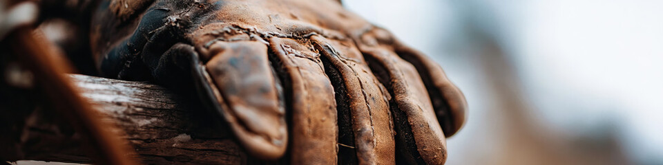 Close-up of Worn Leather Glove on Wooden Surface