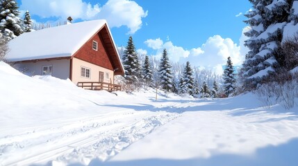 Naklejka premium Cozy Cabin in Snowy Landscape with Clear Blue Skies and Lush Pine Trees in Atmospheric Abstract Style