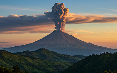 Active Volcano Eruption with Smoke and Ash in Scenic Landscape