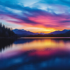 Fototapeta premium A colorful sunset over a calm lake with mountains and pine trees in the distance