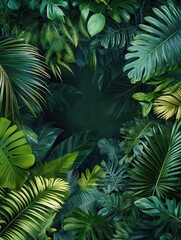 Lush tropical foliage with various green leaves, serene natural background.