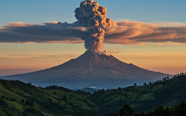Active Volcano Eruption with Smoke and Ash in Scenic Landscape