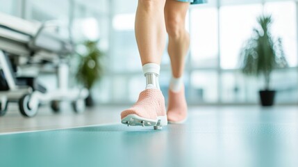 A therapist helps a patient practice walking with a prosthetic leg, demonstrating compassion and expertise in assisting with mobility challenges.
