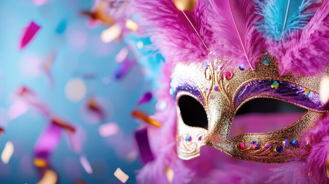 Colorful masquerade mask with feathers and confetti on blue background