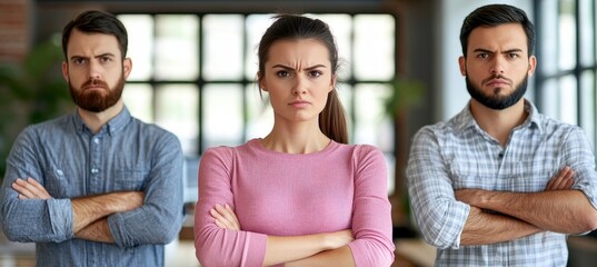 Fototapeta premium Uncomfortable Encounter Female Employee Between Two Male Colleagues in Office Setting