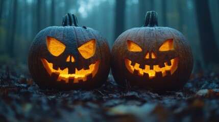 halloween pumpkins with scary faces in the forest halloween concept copy space