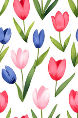 Obraz premium Watercolor seamless pattern of cute minimalistic tulips. Red and green colors isolated on white backdrop