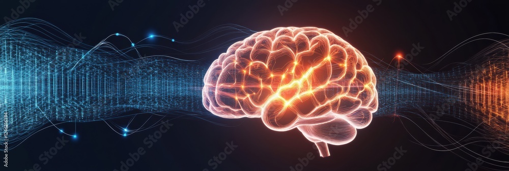 Poster scientific depiction of the brain with glowing neuron pathways and electrical pulses showcasing neur