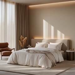 Modern serene bedroom with soft lighting.