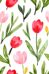 Watercolor seamless pattern of cute minimalistic tulips. Red and green colors isolated on white backdrop