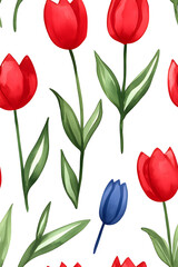 Obraz premium Watercolor seamless pattern of cute minimalistic tulips. Red and green colors isolated on white backdrop
