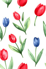 Obraz premium Watercolor seamless pattern of cute minimalistic tulips. Red and green colors isolated on white backdrop