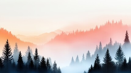 Obraz premium Ethereal Fluid Shapes of Evergreen Trees Against Dreamy Twilight Hues in a Serene Landscape at Dusk