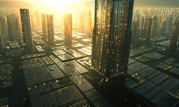 Futuristic Cityscape at Sunrise with Glimmering Reflections on Metallic Surfaces, 3D Rendered