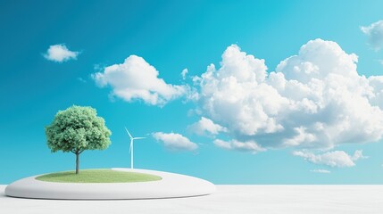 Fototapeta premium Graceful wind turbines standing tall against a bright blue sky, their blades spinning effortlessly and harnessing the power of wind energy.