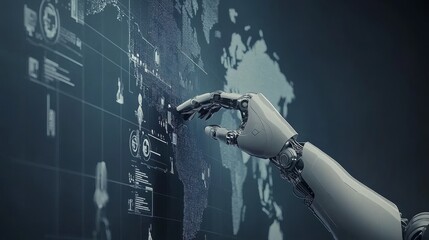 Fototapeta premium Robotic process automation concept, RPA, artificial intelligence. Man use laptop with virtual automation technology to automate business tasks with AI. Digital transformation and change management.
