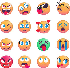 A grid of various colorful emoji faces showing diverse emotions.