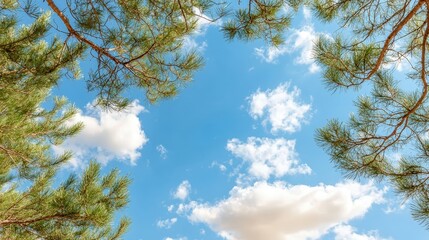 Minimalistic Arrangement of Pine Trees Framed by Bright Blue Sky with Fluffy Clouds in a Peaceful Landscape