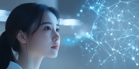 Young woman engaging with futuristic ai interface